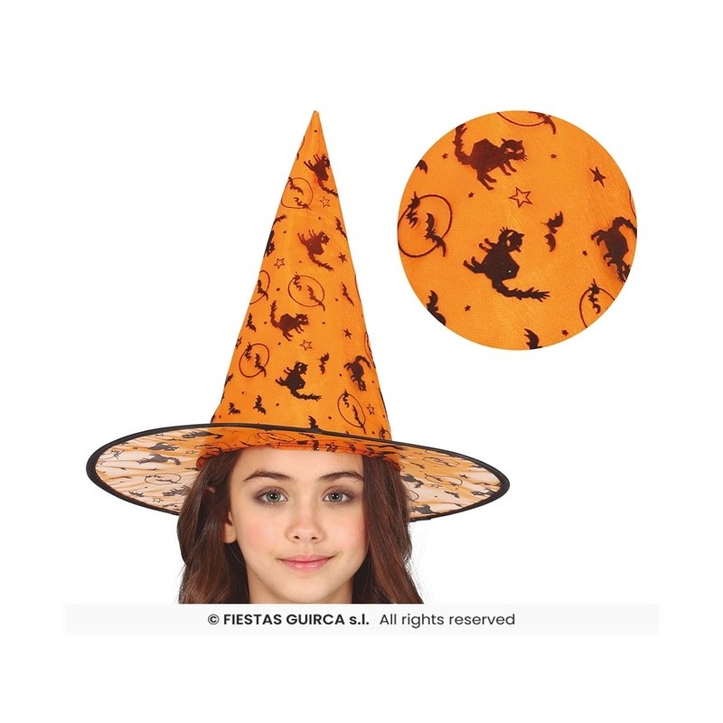 CHAPEAU DE SORCIERE ENFANT ORANGE AVEC IMPRIMES