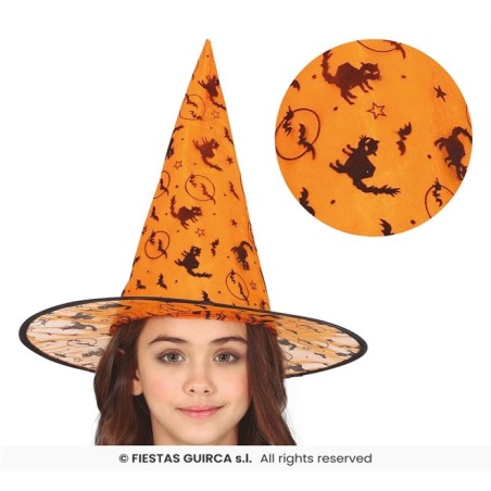 CHAPEAU DE SORCIERE ENFANT ORANGE AVEC IMPRIMES