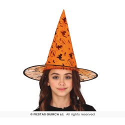 CHAPEAU DE SORCIERE ENFANT ORANGE AVEC IMPRIMES