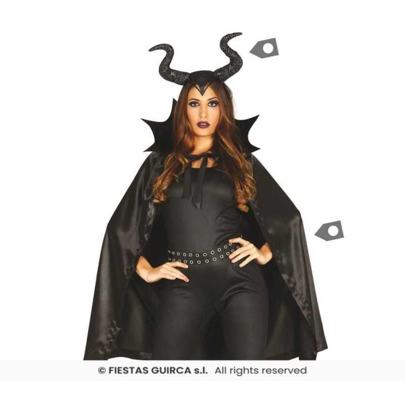 KIT CAPE NOIRE DIABLESSSE OU MALEFIQUE AVEC CORNES 100 CM 