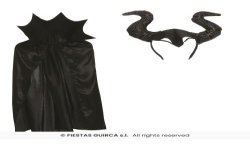 KIT CAPE NOIRE DIABLESSSE OU MALEFIQUE AVEC CORNES 100 CM 