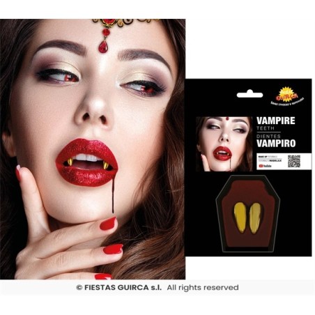 2 DENTS CANINES DE DRACULA OU VAMPIRE COULEUR OR AVEC PATE