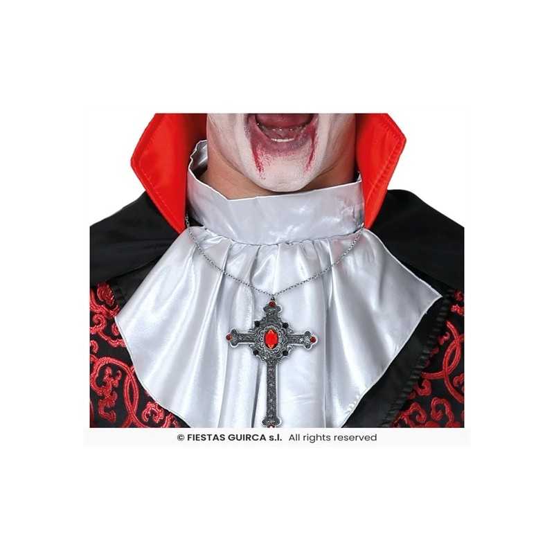 COLLIER CROIX ARGENT PIERRES ROUGE VAMPIRE OU PRETRE 12 CM