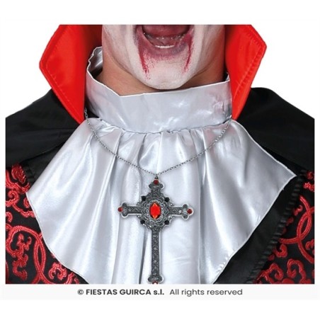 COLLIER CROIX ARGENT PIERRES ROUGE VAMPIRE OU PRETRE 12 CM