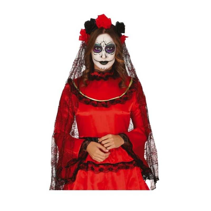 SERRE-TETE JOURS DES MORTS FLEURS ROUGE ET NOIR AVEC VOILE