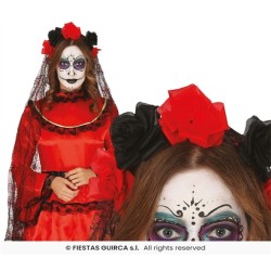 SERRE-TETE JOURS DES MORTS FLEURS ROUGE ET NOIR AVEC VOILE