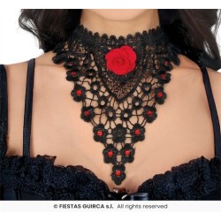 COLLIER RAS DE COU NOIR BRODE AVEC ROSE ROUGE