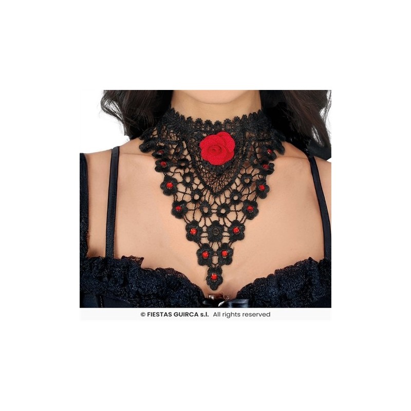 COLLIER RAS DE COU NOIR BRODE AVEC ROSE ROUGE