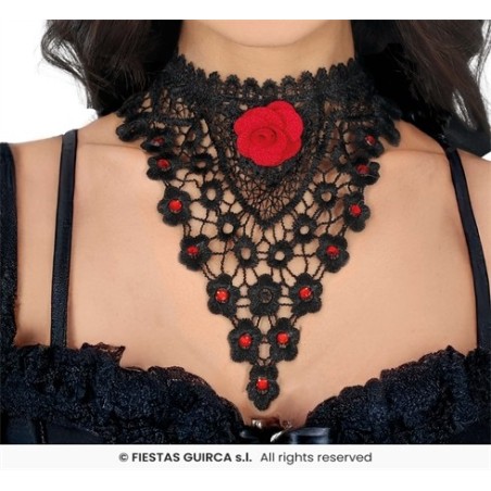 COLLIER RAS DE COU NOIR BRODE AVEC ROSE ROUGE