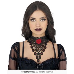 COLLIER RAS DE COU NOIR BRODE AVEC ROSE ROUGE