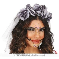 SERRE-TETE FLEURS GRISES AVEC VOILE MARIEE HALLOWEEN