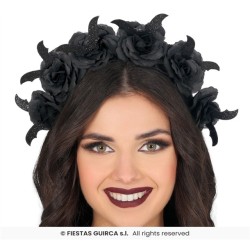 DIADEME SERRE TETE FLEURS ROSES NOIRES HALLOWEEN