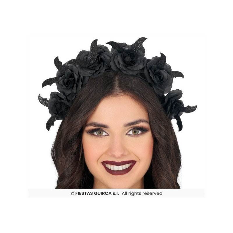 DIADEME SERRE TETE FLEURS ROSES NOIRES HALLOWEEN