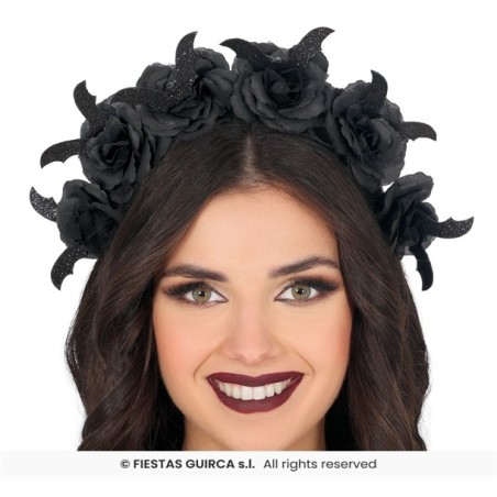 DIADEME SERRE TETE FLEURS ROSES NOIRES HALLOWEEN