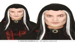 PERRUQUE VAMPIRE HOMME CHEVEUX LONGS NOIRS MECHES BLANCHES