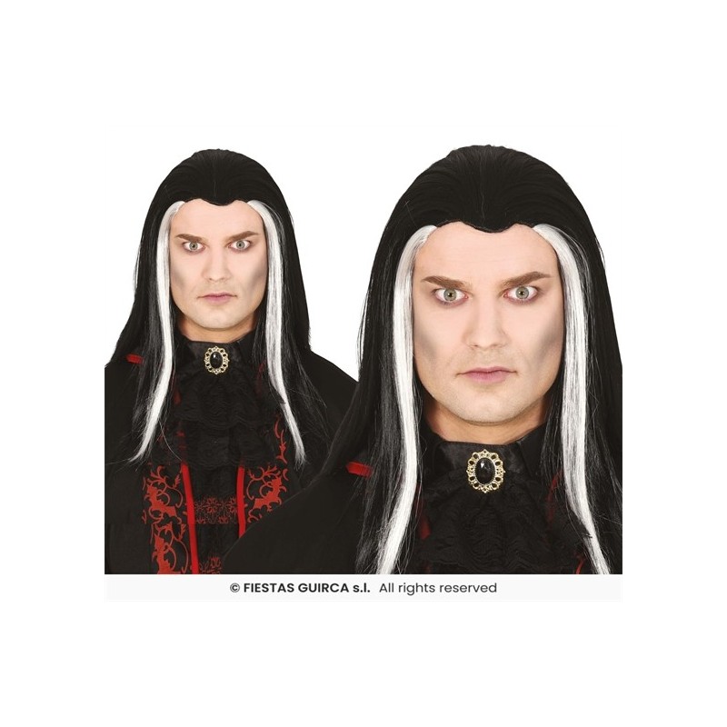 PERRUQUE VAMPIRE HOMME CHEVEUX LONGS NOIRS MECHES BLANCHES PERRUQUE VAMPIRE HOMME CHEVEUX LONGS NOIRS MECHES BLANCHES