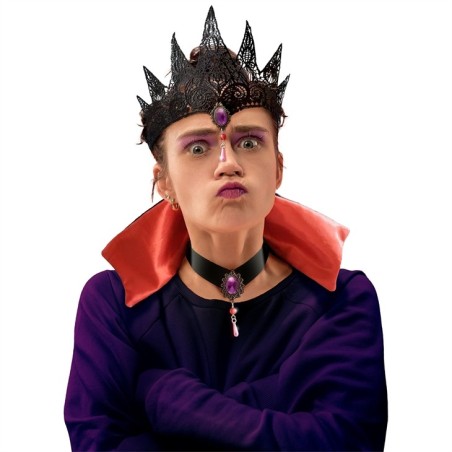 SET DE REINE NOIRE COURONNE DENTELLE BRODEE TOUR DE COU AVEC COL ROUGE ET NOIR