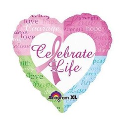 BALLON METALLIQUE COEUR OCTOBRE ROSE CELEBRATE LIFE 43 CM