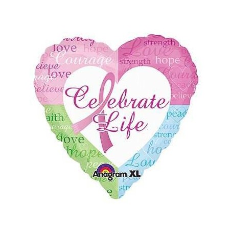 BALLON METALLIQUE COEUR OCTOBRE ROSE CELEBRATE LIFE 43 CM