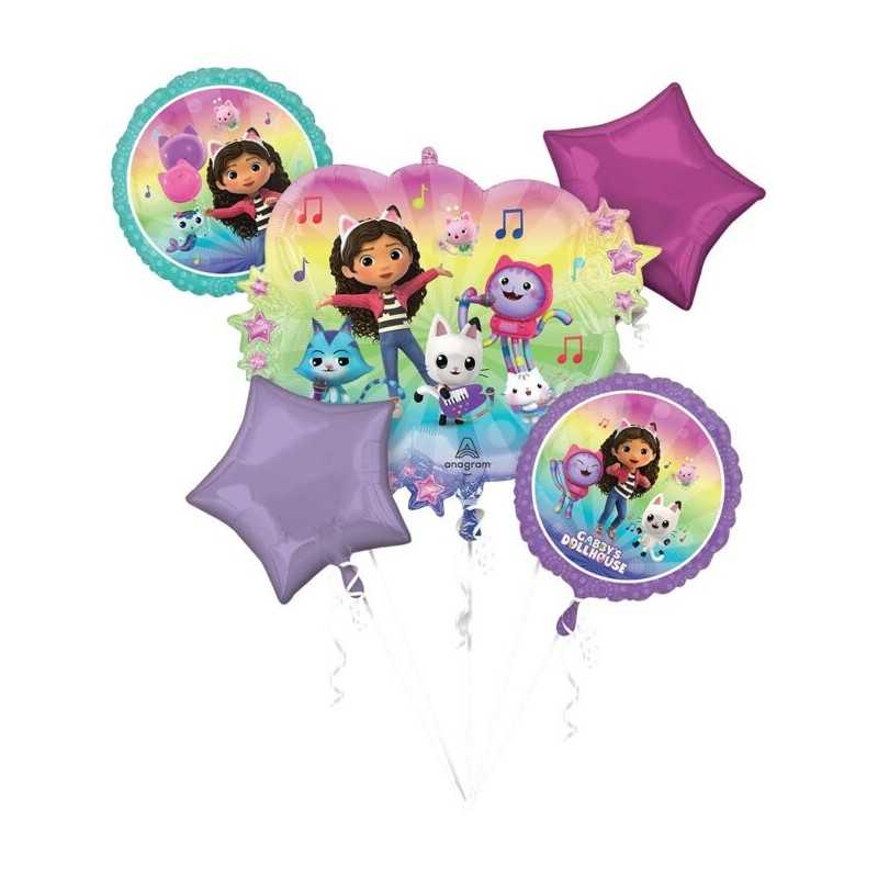 BOUQUET DE 5 BALLONS METALLIQUES GABBYCHAT OU GABBY'S DOLLHOUSE