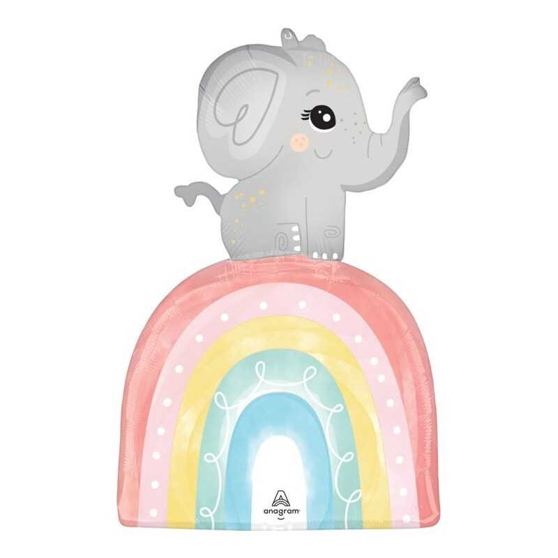 BALLON METALLIQUE BEBE ELEPHANT SUR ARC EN CIEL RAINBOW BABY SHOWER 53 X 76 CM