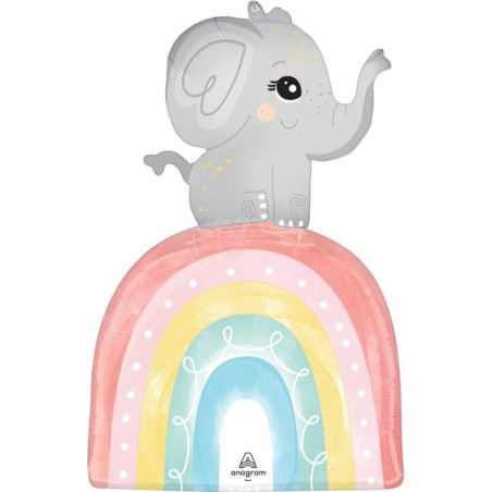 BALLON METALLIQUE BEBE ELEPHANT SUR ARC EN CIEL RAINBOW BABY SHOWER 53 X 76 CM