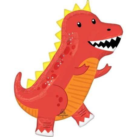 BALLON METALLIQUE DINOSAURE T-REX RIGOLO ROUGE ORANGE 60 X 78 CM 