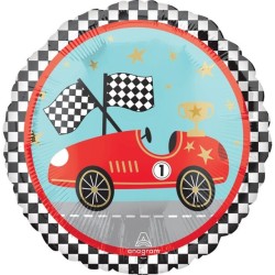BALLON METALLIQUE ROND VOITURE DE COURSE ROUGE 43 CM