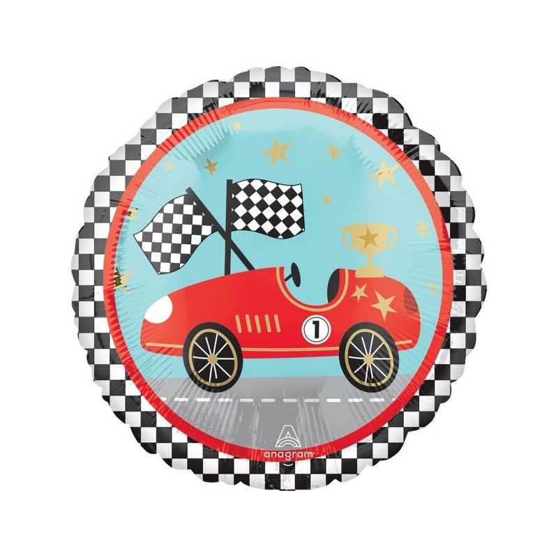 BALLON METALLIQUE ROND VOITURE DE COURSE ROUGE 43 CM