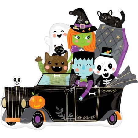 BALLON METALLIQUE VOITURE AVEC PERSONNAGES HALLOWEEN 76 X 68 CM