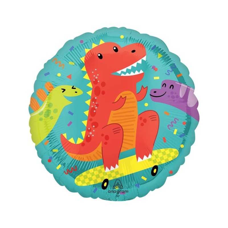 BALLON METALLIQUE DINOSAURE T-REX RIGOLO ROUGE ORANGE ROND 43 CM 