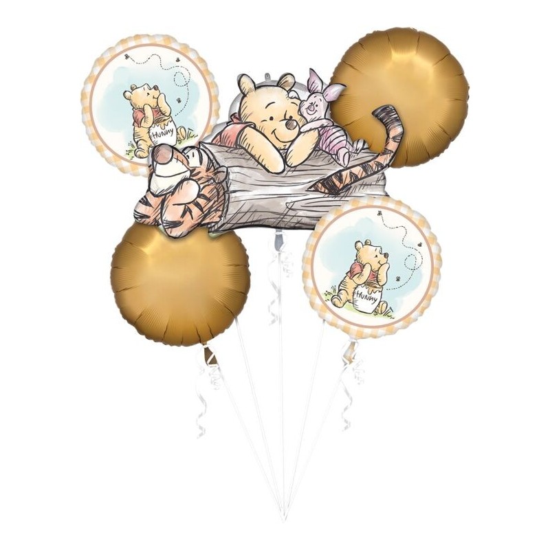 BOUQUET DE 5 BALLONS METALLIQUES  WINNIE THE POOH TIGROU ET PORCINET  BOUQUET DE 5 BALLONS METALLIQUES  WINNIE THE POOH TIGROU ET PORCINET