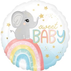 BALLON METALLIQUE ROND BEBE ELEPHANT SUR ARC EN CIEL SWEET BABY 43 CM