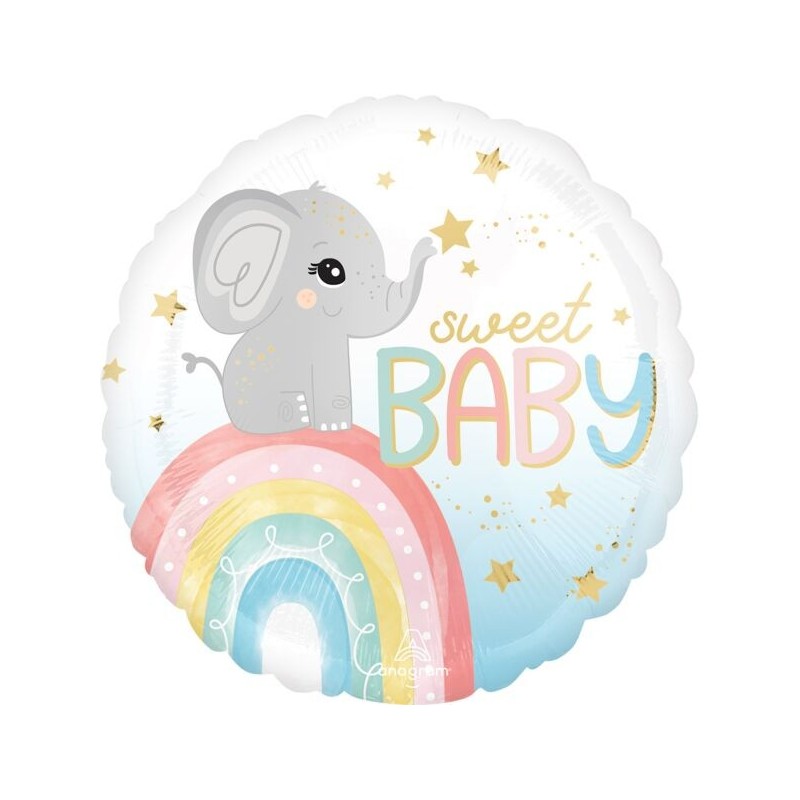 BALLON METALLIQUE ROND BEBE ELEPHANT SUR ARC EN CIEL SWEET BABY 43 CM BALLON METALLIQUE ROND BEBE ELEPHANT SUR ARC EN CIEL SWEET BABY 43 CM