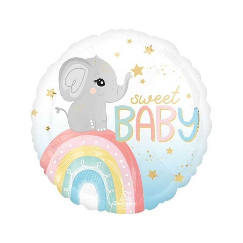 BALLON METALLIQUE ROND BEBE ELEPHANT SUR ARC EN CIEL SWEET BABY 43 CM