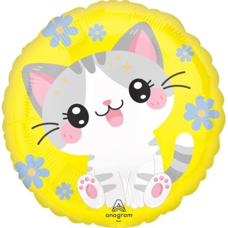 BALLON METALLIQUE ROND KAWAII KITTY PETIT CHAT GRIS 43 CM 
