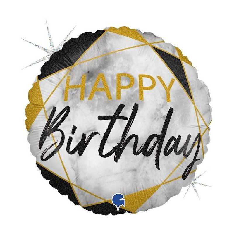 BALLON METALLIQUE ROND MARBLE NOIR HAPPY BIRTHDAY 46 CM 