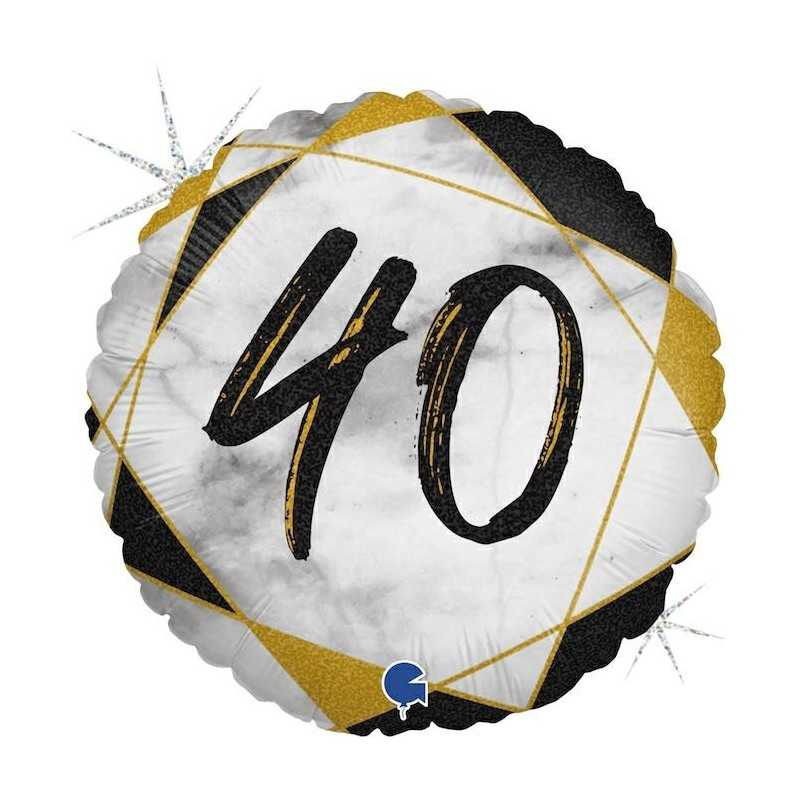 BALLON METALLIQUE ROND MARBLE MATE NOIR 40 ANS 46 CM 
