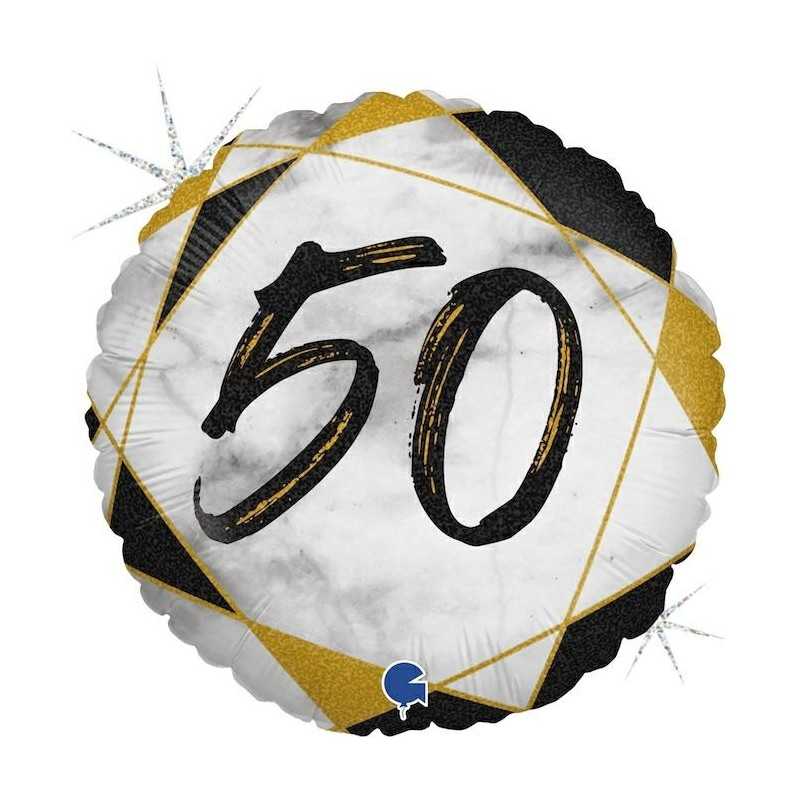 BALLON METALLIQUE ROND MARBLE MATE NOIR 50 ANS 46 CM