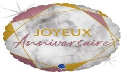 BALLON ROND METALLIQUE JOYEUX ANNIVERSAIRE MARBE ROSE 46 CM