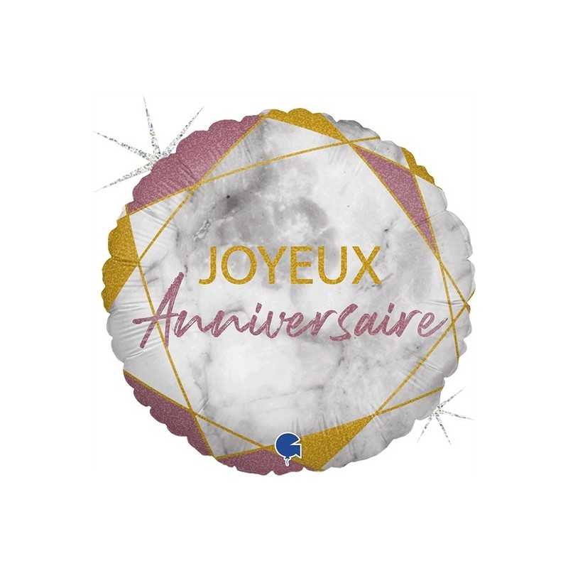 BALLON ROND METALLIQUE JOYEUX ANNIVERSAIRE MARBE ROSE 46 CM