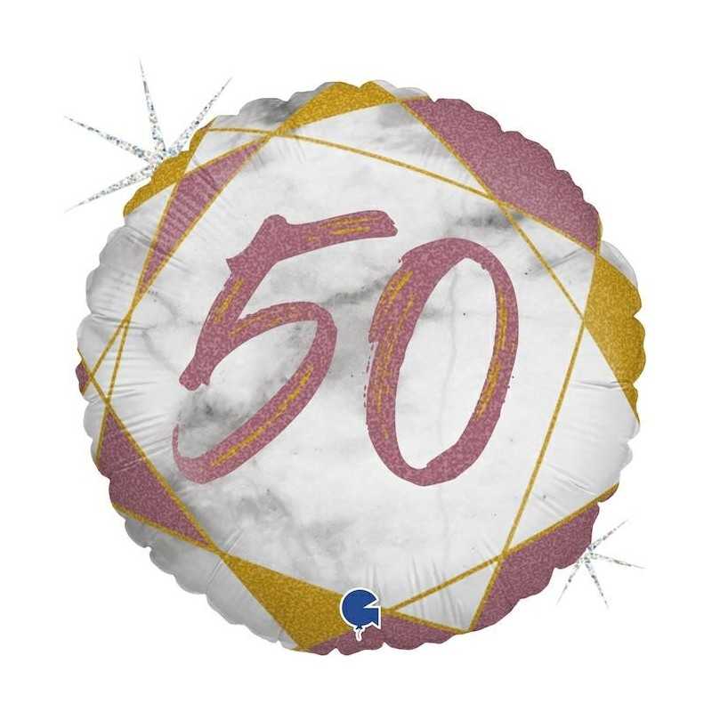 BALLON METALLIQUE ROND MARBLE MATE ROSE 50 ANS 46 CM