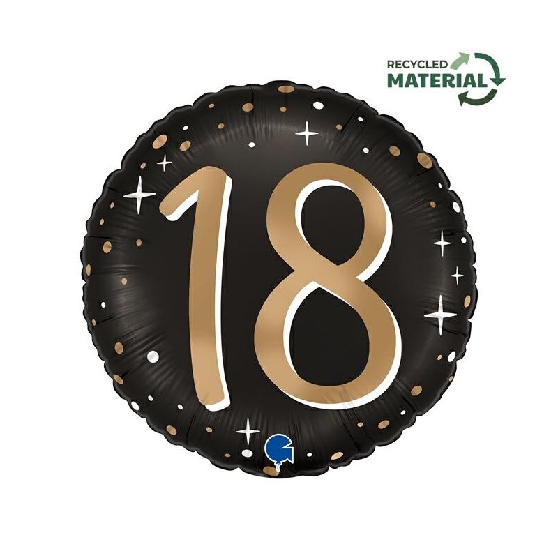 BALLON METALLIQUE ROND NOIR CHIFFRE OR 18 ANS 46 CM  BALLON METALLIQUE ROND NOIR CHIFFRE OR 18 ANS 46 CM