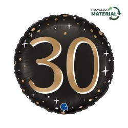 BALLON METALLIQUE ROND NOIR CHIFFRE OR 30 ANS 46 CM