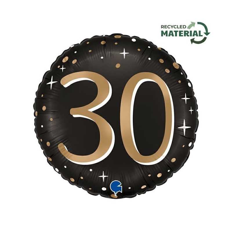 BALLON METALLIQUE ROND NOIR CHIFFRE OR 30 ANS 46 CM