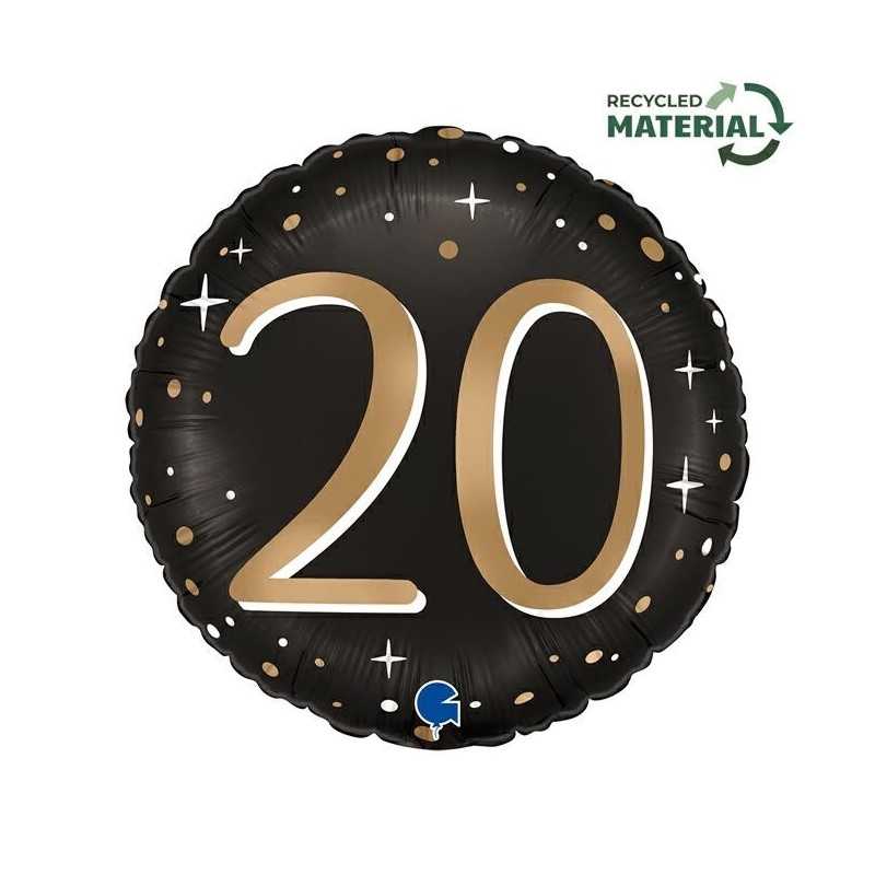 BALLON METALLIQUE ROND NOIR CHIFFRE OR 20 ANS 46 CM