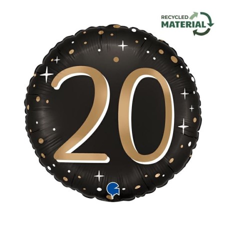 BALLON METALLIQUE ROND NOIR CHIFFRE OR 20 ANS 46 CM 