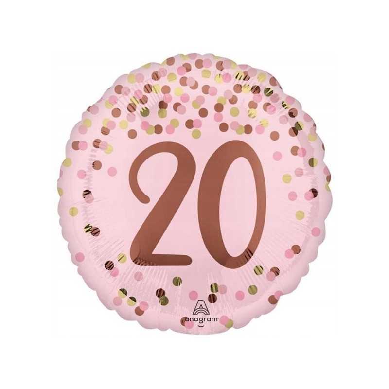 BALLON ROND METALLIQUE ROSE ET DORE 20 ANS 43 CM