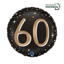 BALLON METALLIQUE ROND NOIR CHIFFRE OR 60 ANS 46 CM