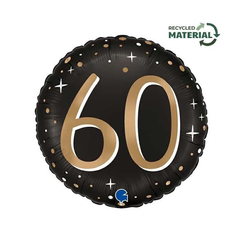 BALLON METALLIQUE ROND NOIR CHIFFRE OR 60 ANS 46 CM